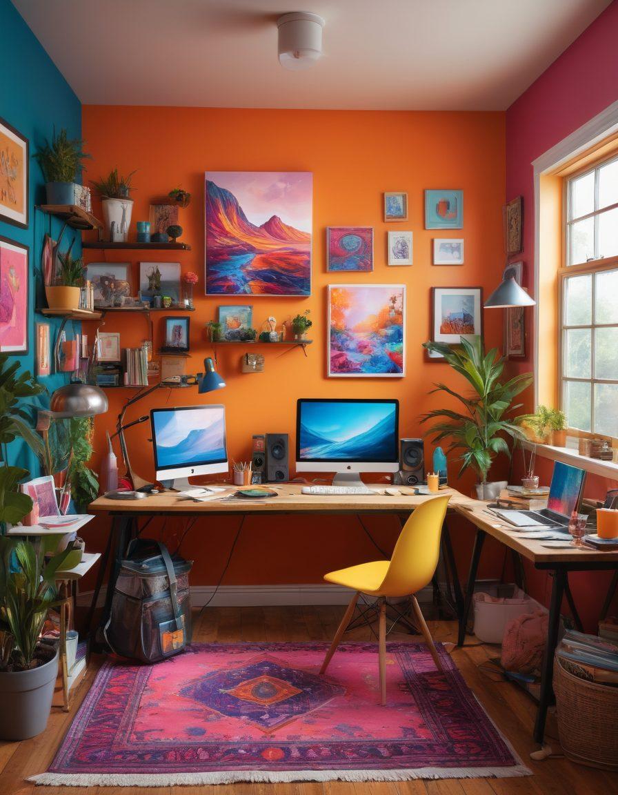 A vibrant and empowering scene depicting diverse adult content creators in a cozy studio, surrounded by colorful art supplies and modern tech setups. Incorporate elements that reflect creativity and independence, such as cameras, microphones, and artwork of various styles. Include uplifting expressions and an atmosphere of joy and collaboration among the creators. super-realistic. vibrant colors. modern digital art.