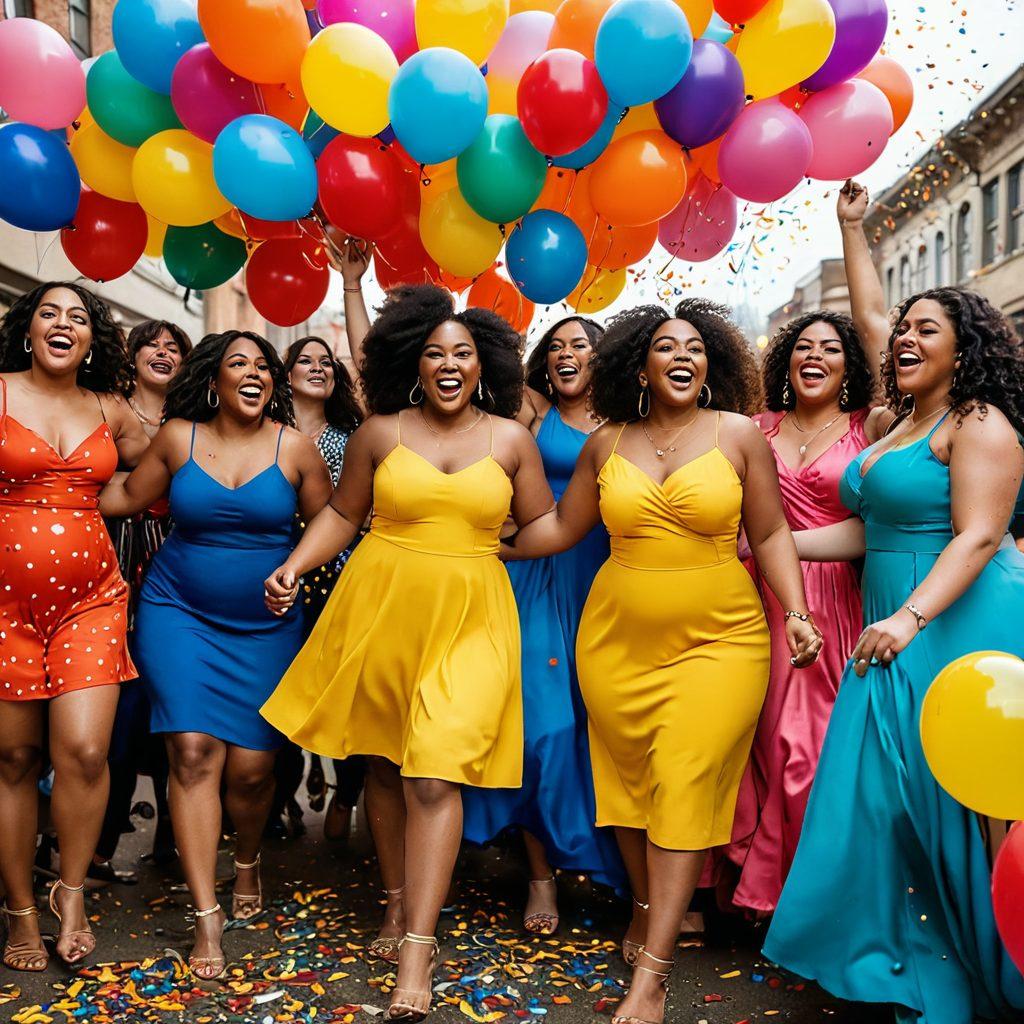 A vibrant celebration of diverse, voluptuous figures, radiating joy and confidence in a lively setting. Include an artistic gathering with individuals of various shapes enjoying each other's company, adorned in colorful clothing, surrounded by balloons and confetti. Showcase a mix of playful expressions and body positivity, emphasizing curves in a warm, inclusive atmosphere. Bright colors, soft lighting. painting. joyful theme.